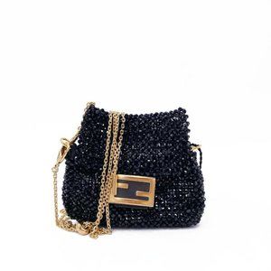 Fendi Beaded Mini Pico Baguette Charm Soft Gold Black Lambskin Leather CrossBody